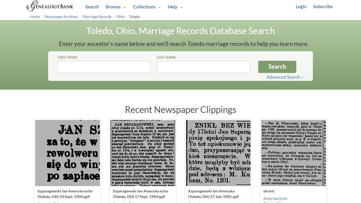 Toledo , Ohio , Marriage Records Database Search